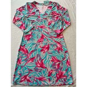 Barbara Gerwit Dress Women's Large Pink Blue Floral V Neck 3/4 Sleeve